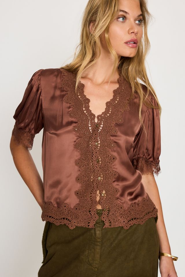 By Anthropologie Stella Satin Lace-Trim Blouse #3