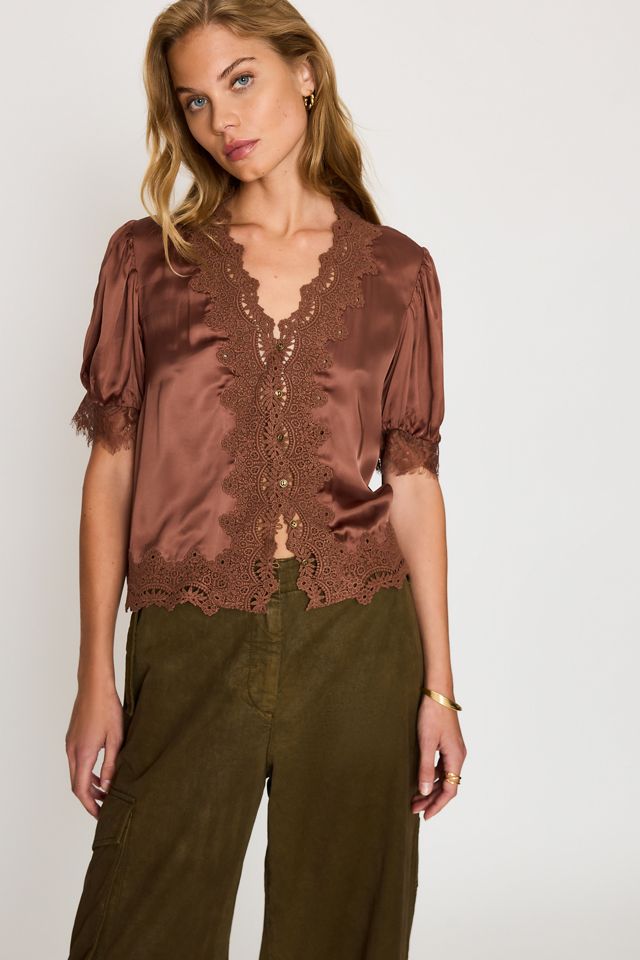 By Anthropologie Stella Satin Lace-Trim Blouse #4