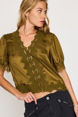 By Anthropologie Stella Satin Lace-Trim Blouse