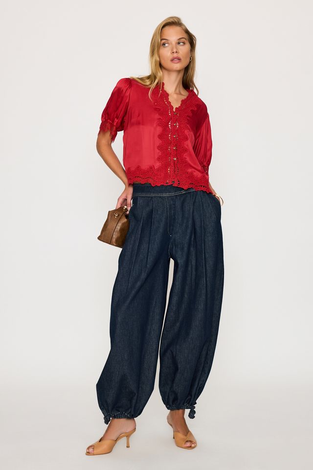 By Anthropologie Stella Satin-Spitzenbesatz-Bluse #1