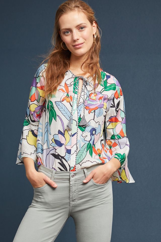 Graphic Floral Silk Blouse | Anthropologie