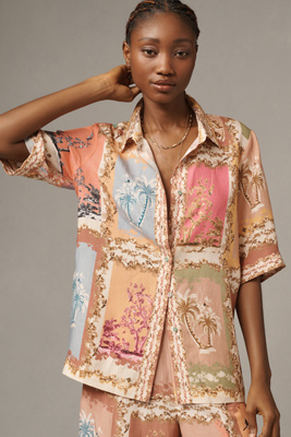 Shop Ranna Gill Tropical Print Linen Collared Blouse In Multicolor