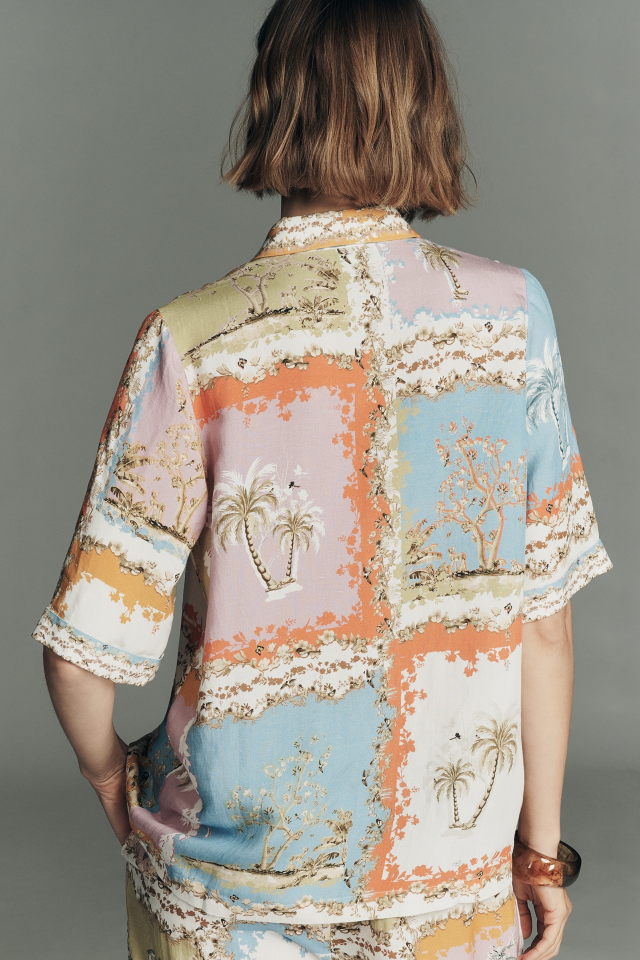 Ranna Gill Tropical Print Linen Collared Blouse