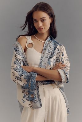 Linen Blend Tropical Print Buttondown Blouse