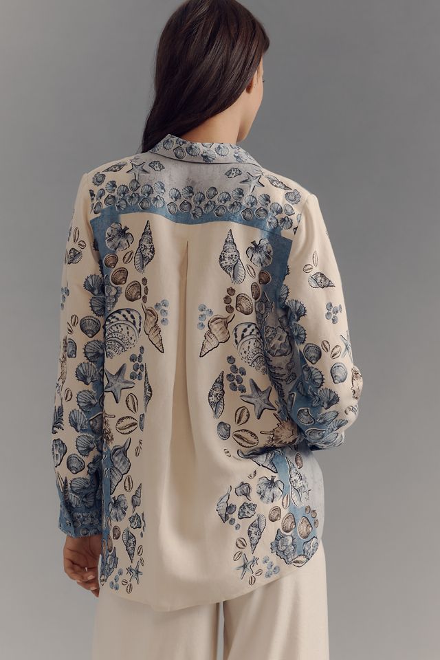 Ranna Gill Linen Blend Tropical Print Buttondown Blouse #1