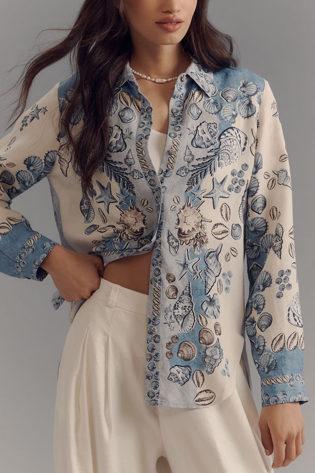 Ranna Gill Linen Blend Tropical Print Buttondown Blouse #3