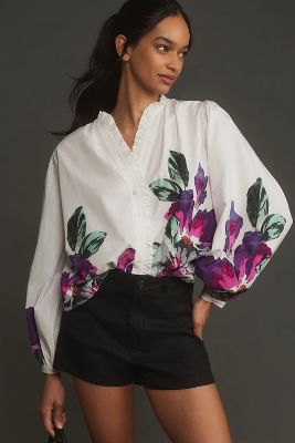 Shop Forever That Girl Printed Ruffle Buttondown Blouse In Multicolor