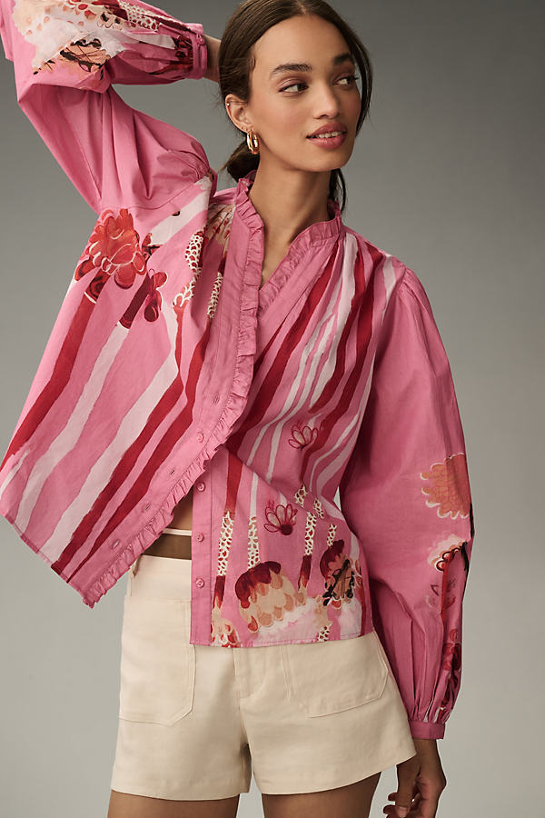 Forever That Girl Printed Ruffle Buttondown Blouse In Pink