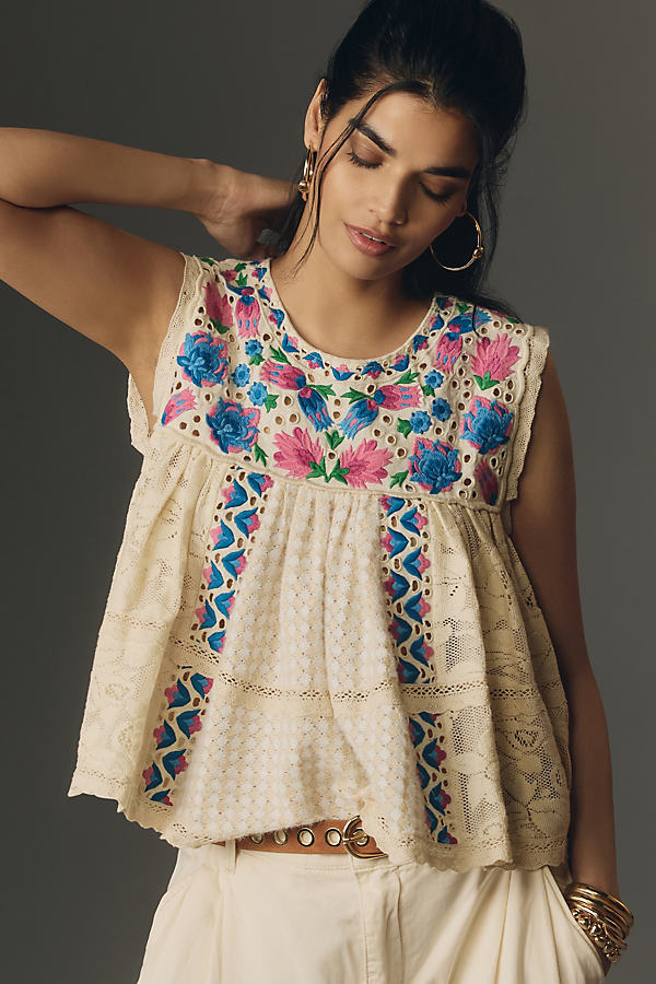 Let Me Be Sleeveless Embroidered Babydoll Blouse