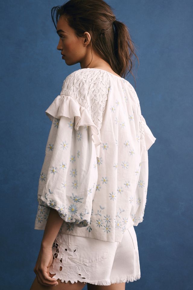 Forever That Girl Ruffle-Sleeve Smocked Linen Blouse #1