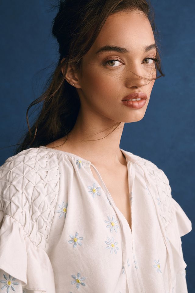 Forever That Girl Ruffle-Sleeve Smocked Linen Blouse #2