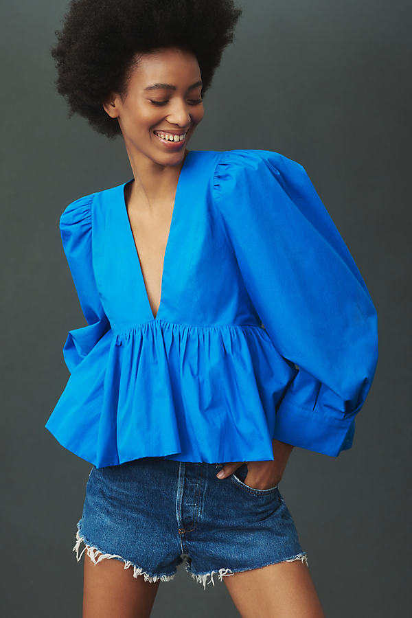 Let Me Be Puff-sleeve V-neck Blouse In Blue