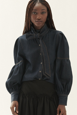 Shop Forever That Girl Long-sleeve Tie-neck Denim Buttondown Shirt In Blue
