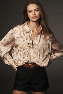 トップス FRINGE OPEN BLOUSE Women's Fringe Blouse Long Sleeve Button Down Disco Party Shirts