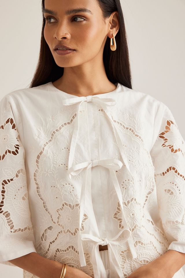By Anthropologie Cutwork Poplin Tie-Front Blouse #3