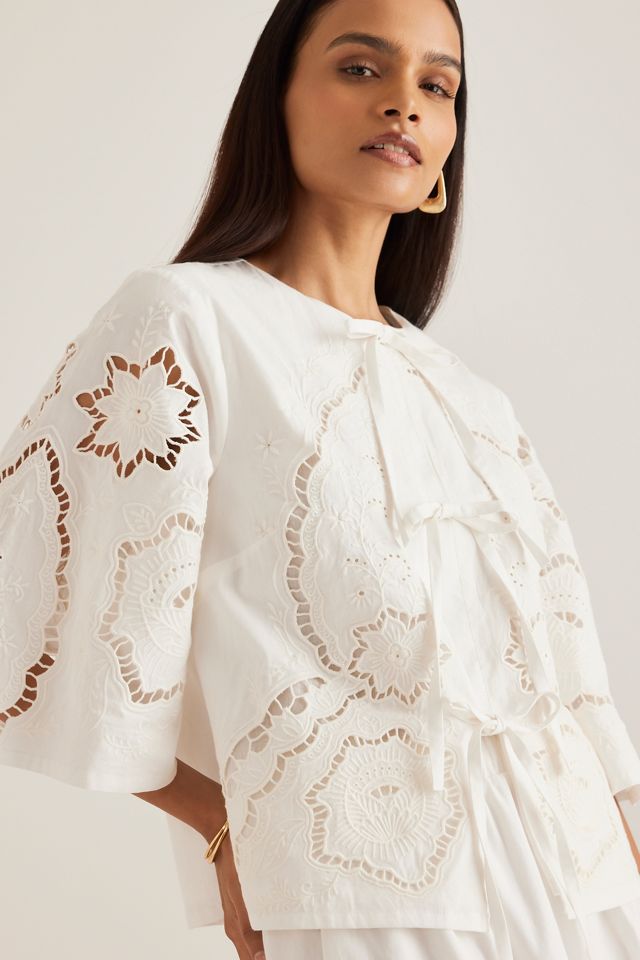 By Anthropologie Cutwork Poplin Tie-Front Blouse #2