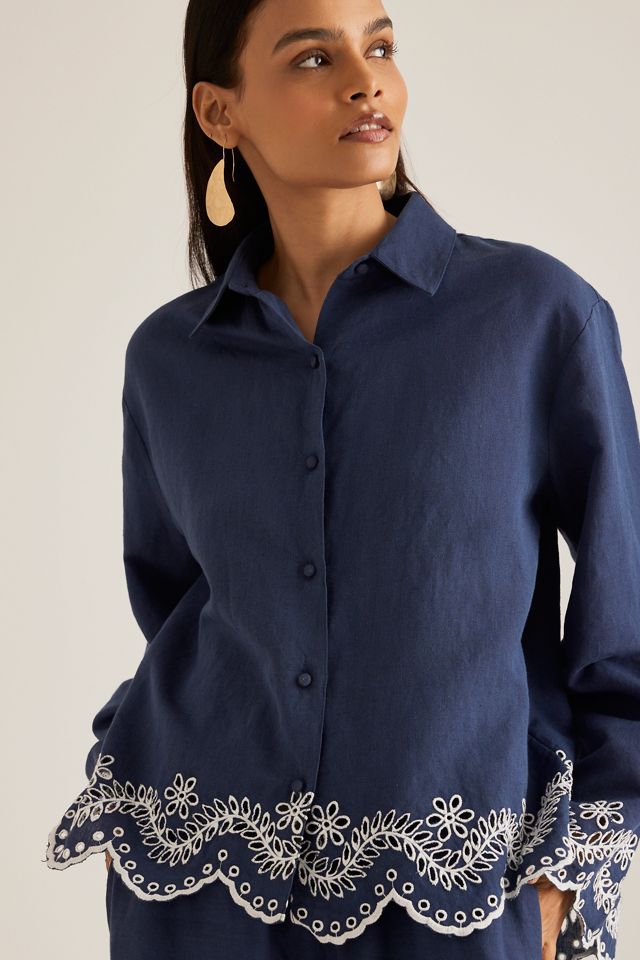 By Anthropologie Embroidered Hem Linen-Cotton Shirt #3