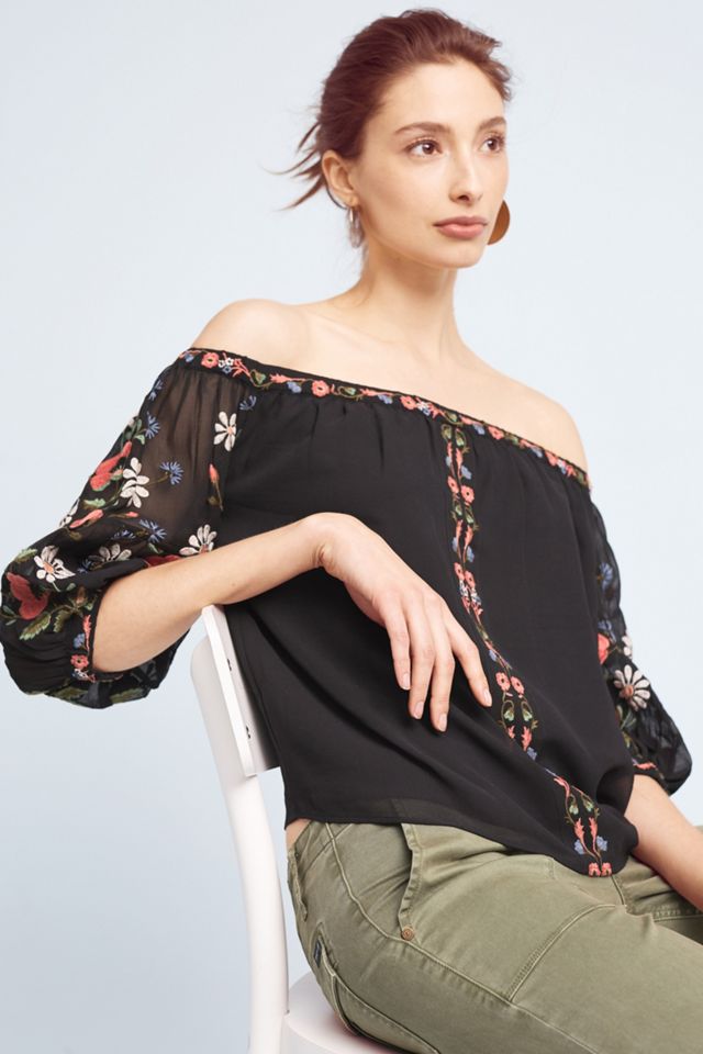 Embroidered Poppy Off-The-Shoulder Blouse #1