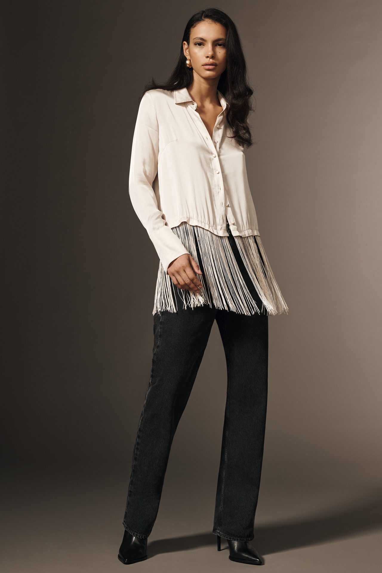 By Anthropologie Silky Fringed Buttondown Blouse