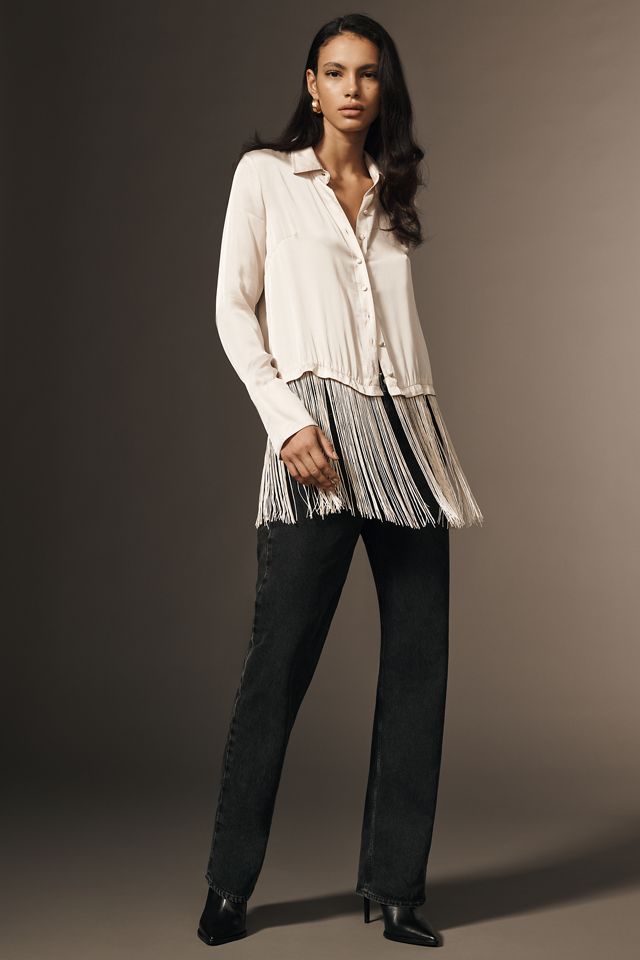By Anthropologie Silky Fringed Buttondown Blouse #2
