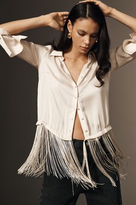 By Anthropologie Silky Fringed Buttondown Blouse