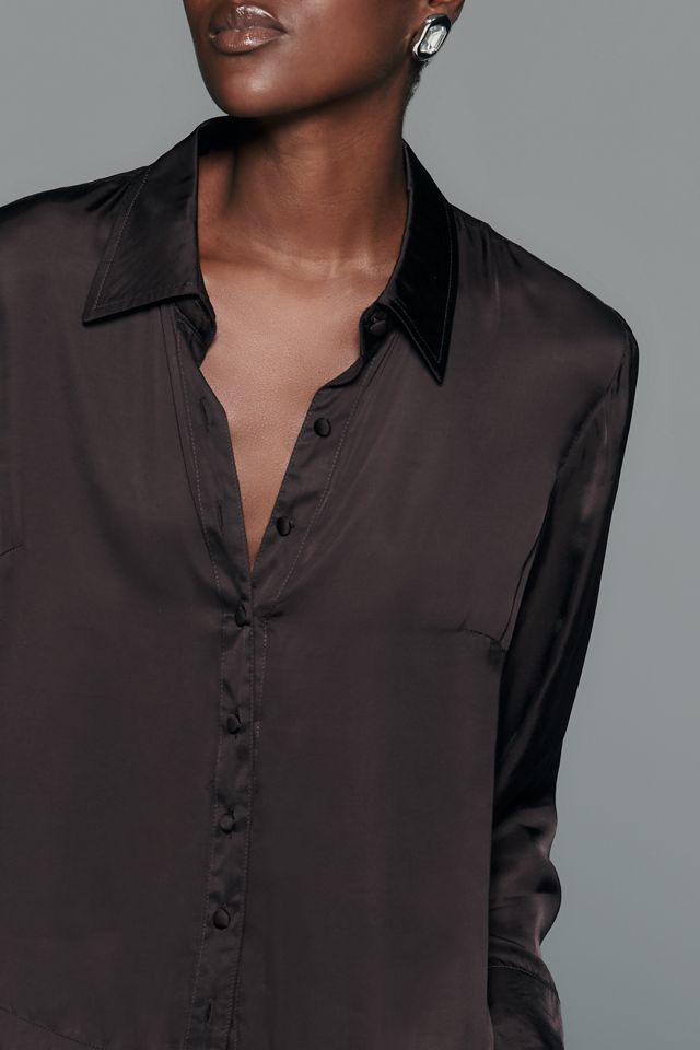 By Anthropologie Silky Fringed Buttondown Blouse #3