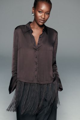 By Anthropologie Silky Fringed Buttondown Blouse