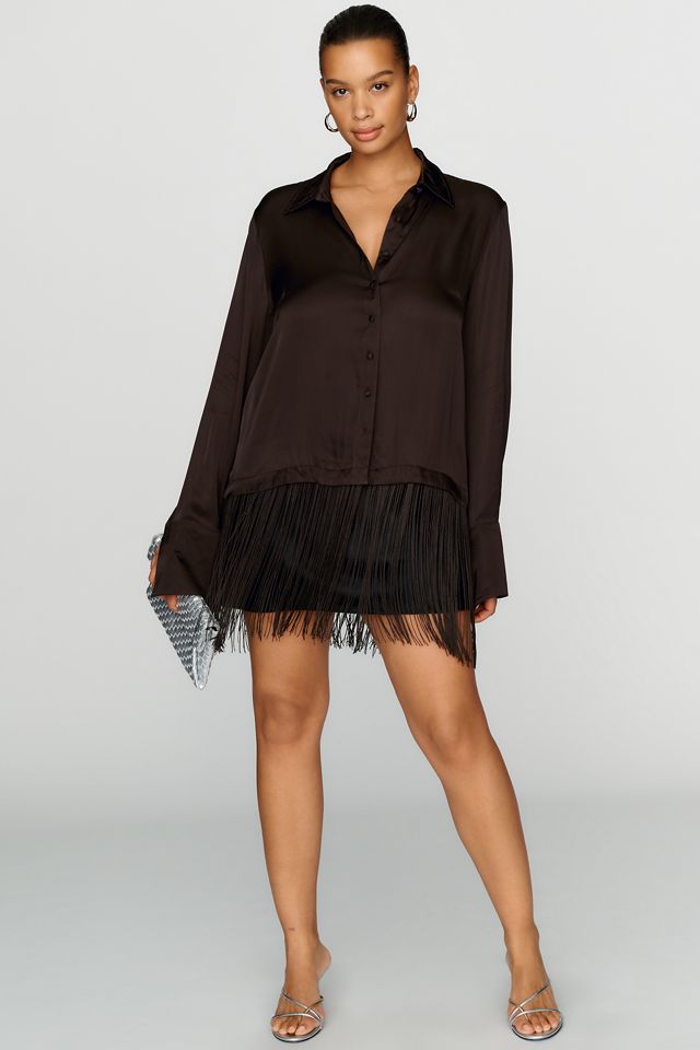 By Anthropologie Silky Fringed Buttondown Blouse #1
