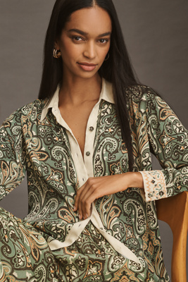 Conditions Apply Blooming Long-sleeve Collared Blouse In Green