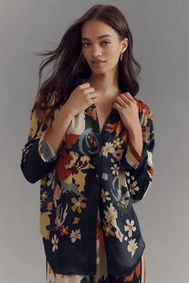 Bl-nk Blooming Long-sleeve Collared Blouse In Blue
