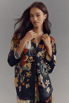 By Anthropologie Long-Sleeve Collared Linen Peplum Blouse