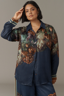 Conditions Apply Blooming Long-sleeve Collared Blouse In Blue