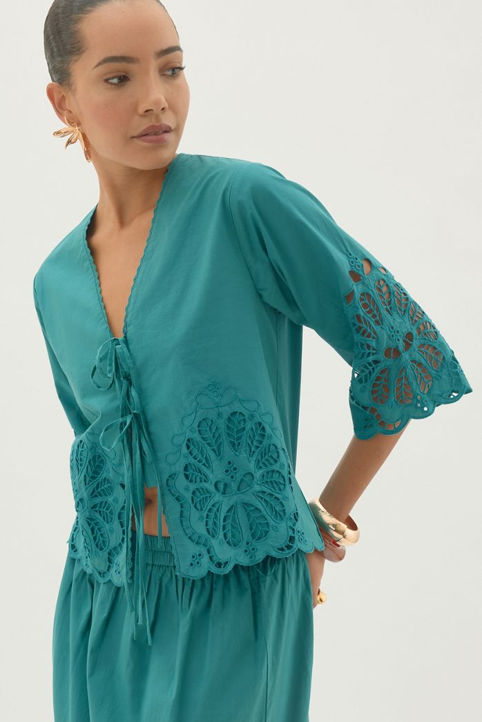 By Anthropologie Astraia Tie-Front Cutwork Blouse