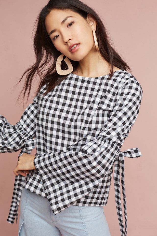 Tie-Sleeve Gingham Blouse #1