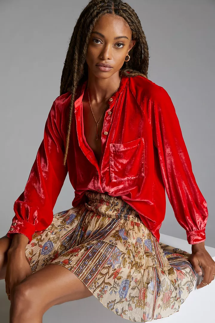 Pilcro Puff-Sleeved Velvet Buttondown