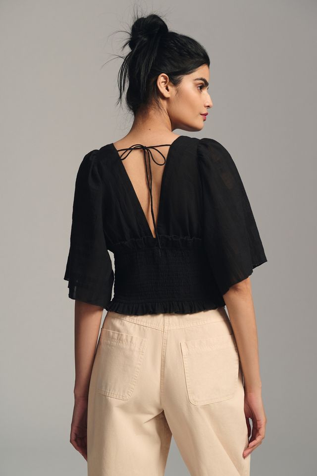 By Anthropologie Plunging V-Neck Smocked Kimono Blouse #1