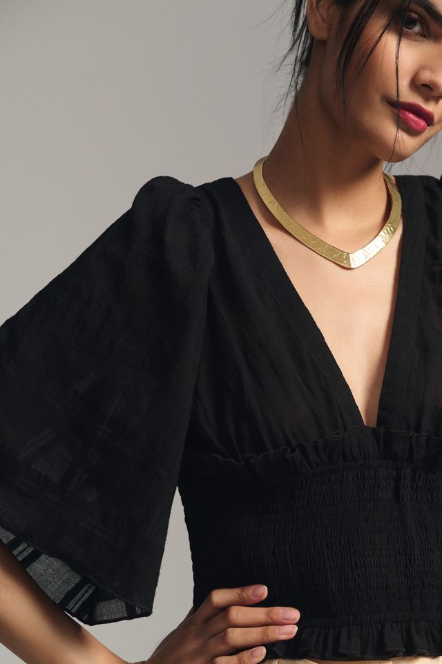 By Anthropologie Plunging V-Neck Smocked Kimono Blouse #3
