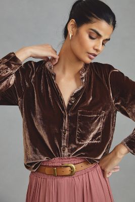 By Anthropologie Long-Sleeve Ribbed Velvet Buttondown Pajama Top