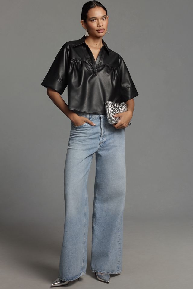 Pilcro Short-Sleeve Faux-Leather Swing Top #3