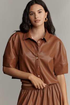 Maeve Lantern-Sleeve Faux-Leather Blouse