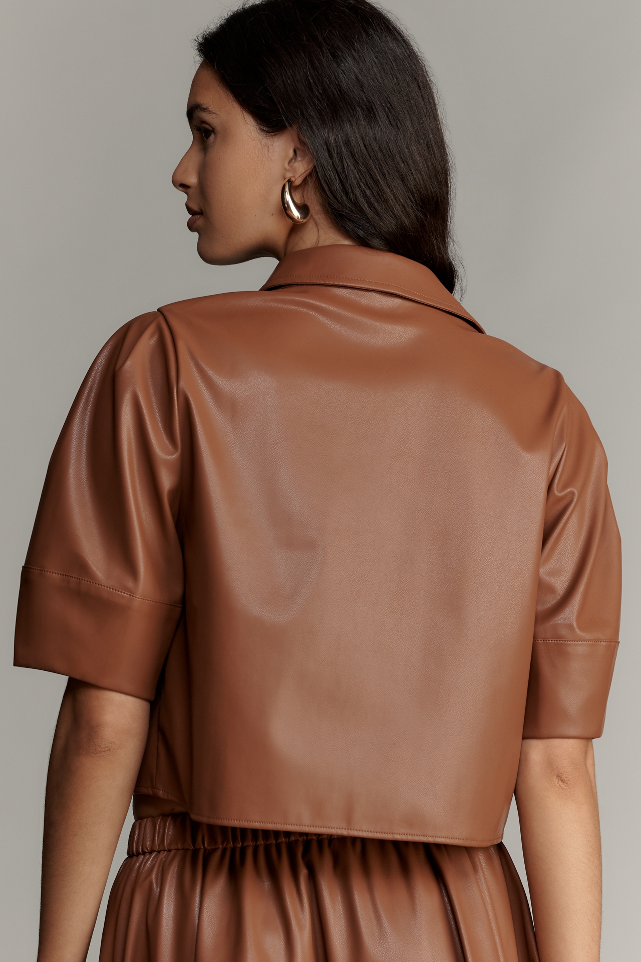 Maeve Lantern-Sleeve Faux-Leather Blouse