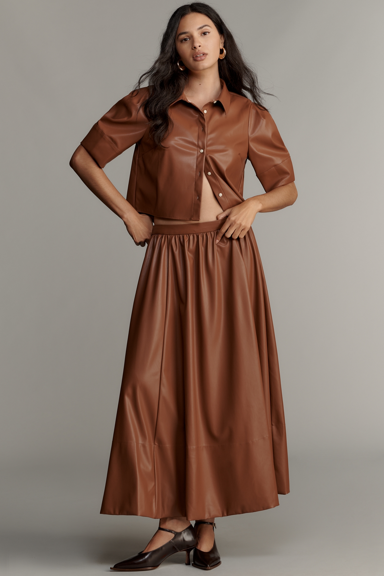 Maeve Lantern-Sleeve Faux-Leather Blouse