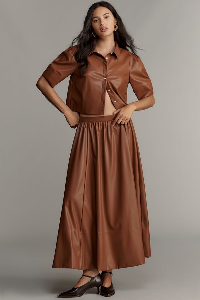 Maeve Lantern-Sleeve Faux-Leather Blouse #2