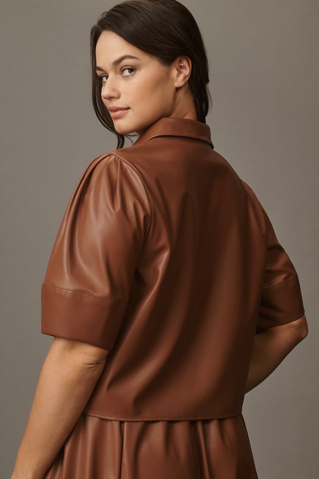 Maeve Lantern-Sleeve Faux-Leather Blouse #4