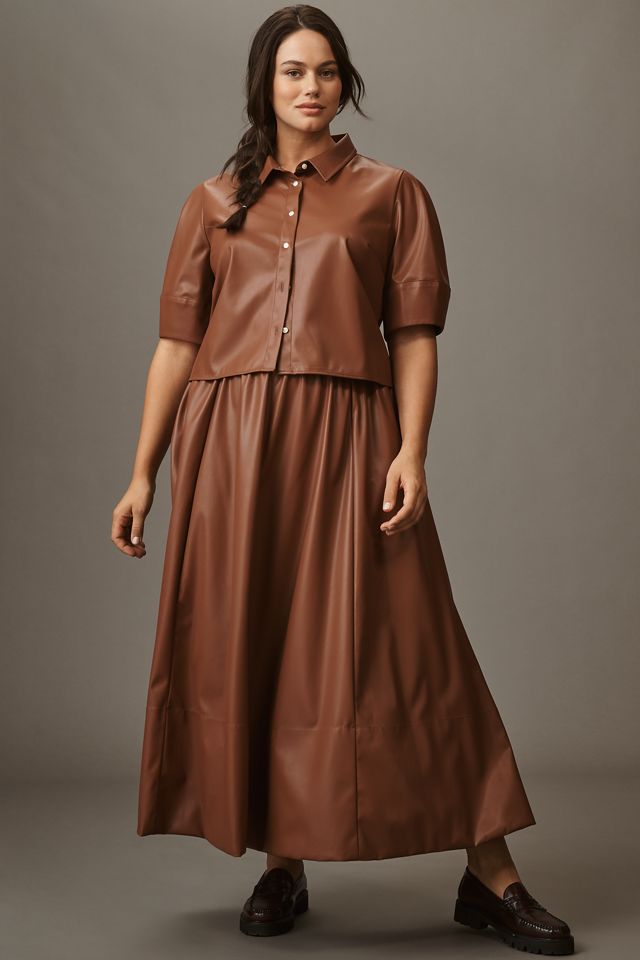 Maeve Lantern-Sleeve Faux-Leather Blouse #5