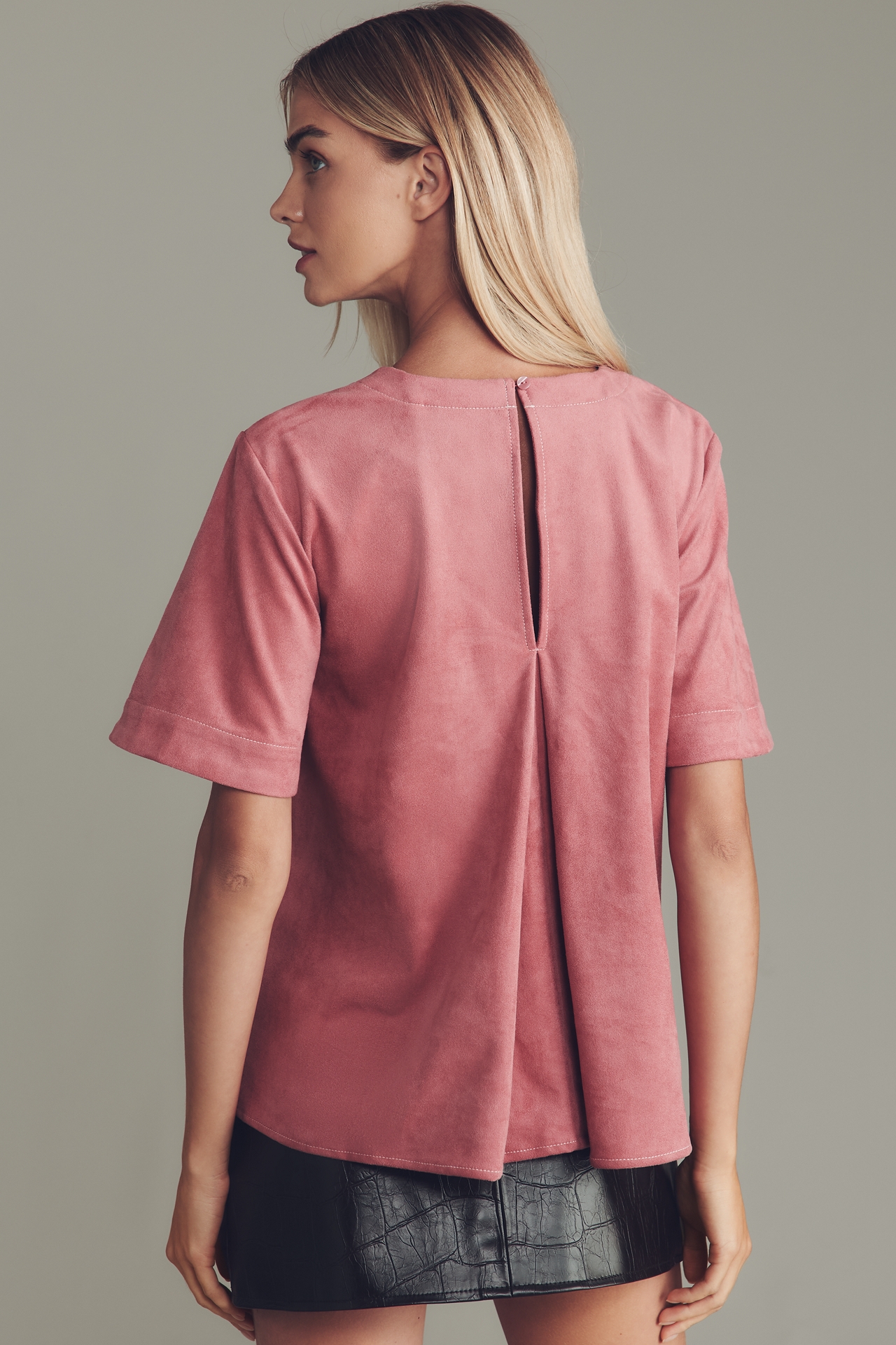 The Emmy Faux-Suede Short-Sleeve Swing Blouse by Maeve