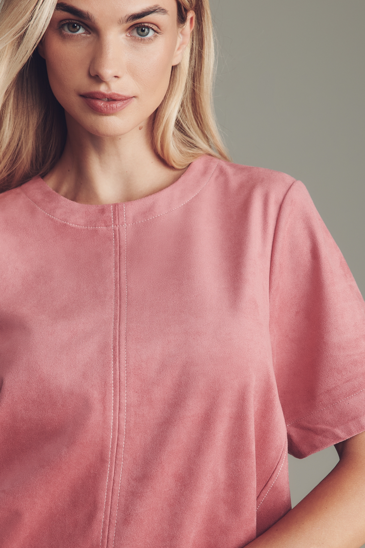 The Emmy Faux-Suede Short-Sleeve Swing Blouse by Maeve