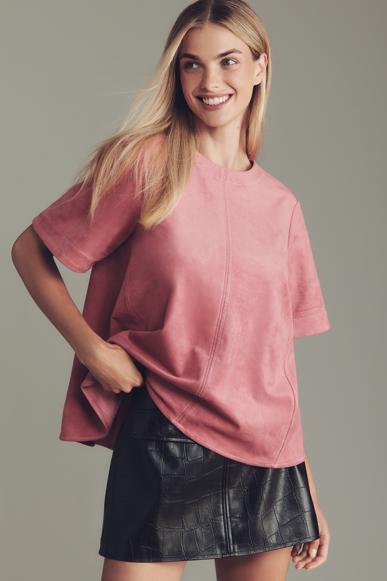 The Emmy Faux-Suede Short-Sleeve Swing Blouse by Maeve