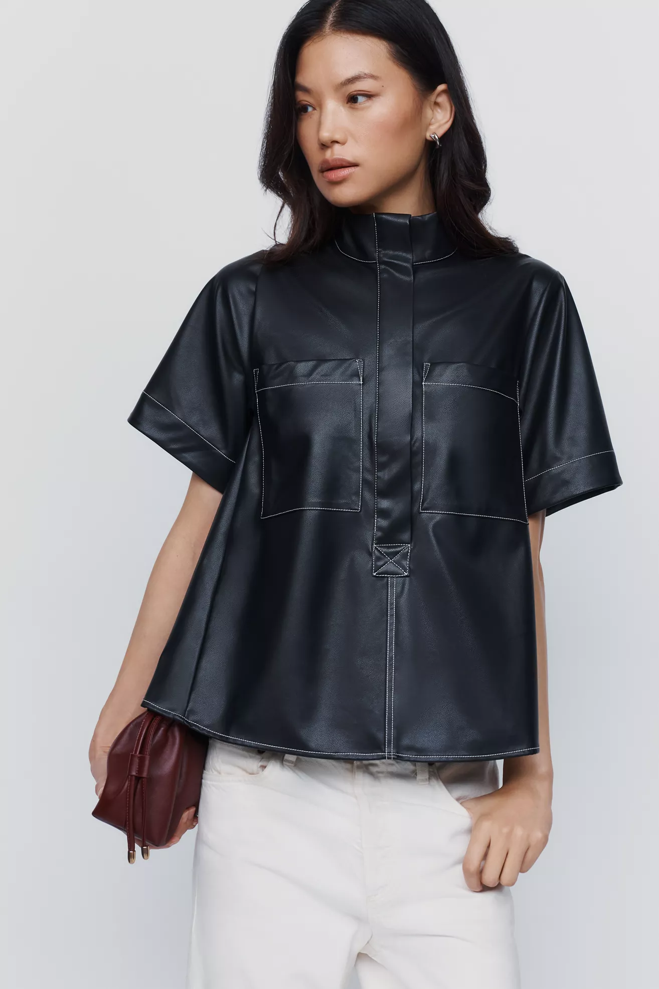 Maeve Jeannie Faux Leather Mock Neck Top