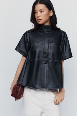 Maeve Jeannie Faux Leather Mock Neck Top 
